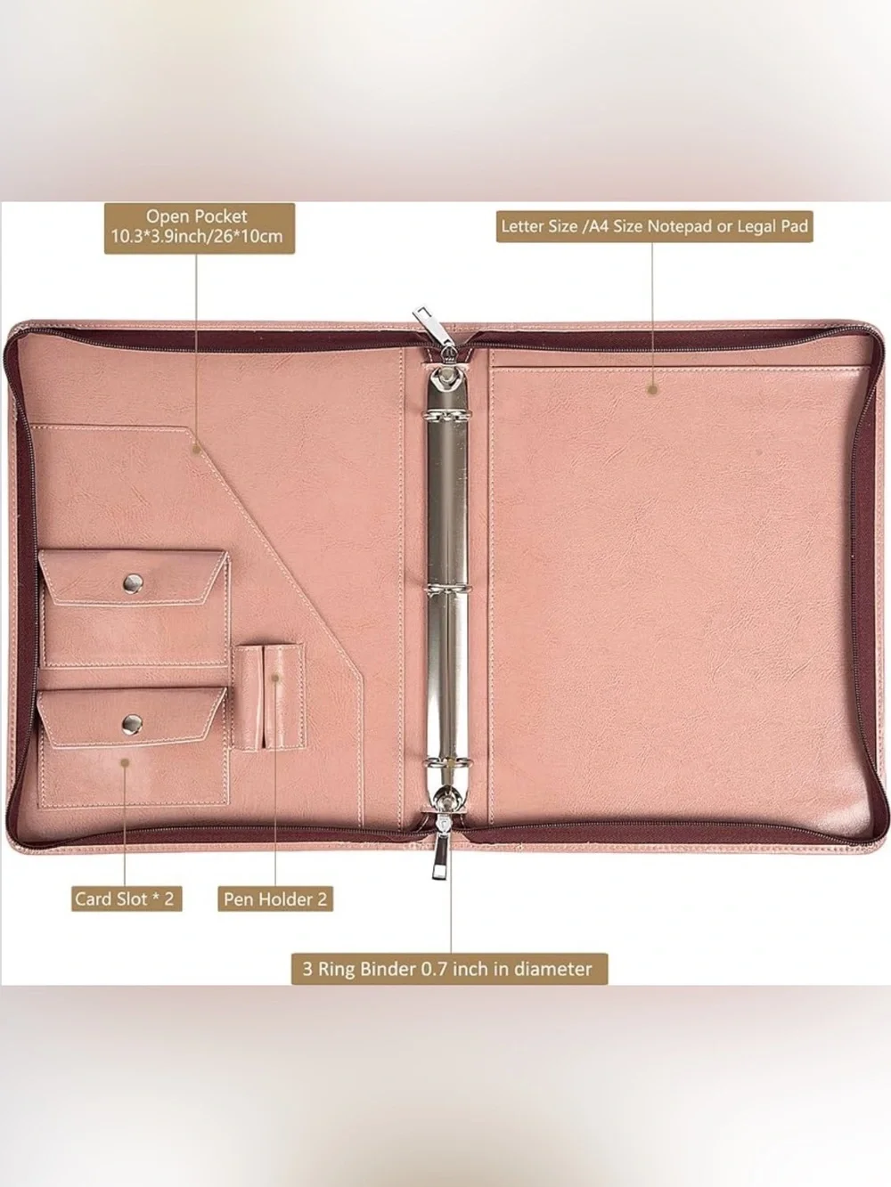 Pink 3 ring binder padfolio, vegan leather portfolio, leather document folder